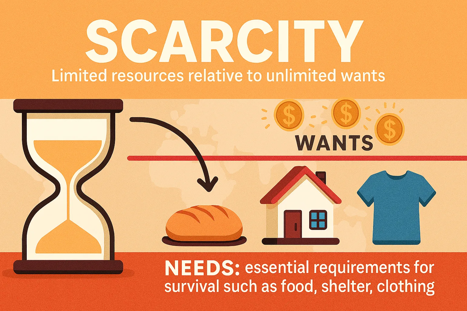 Needs: essential requirements for survival such as food, shelter, clothing