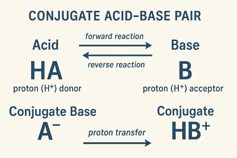 Conjugate Acid-Base Pair: A pair of two species that transform into each other by the gain or loss of a proton (H⁺)