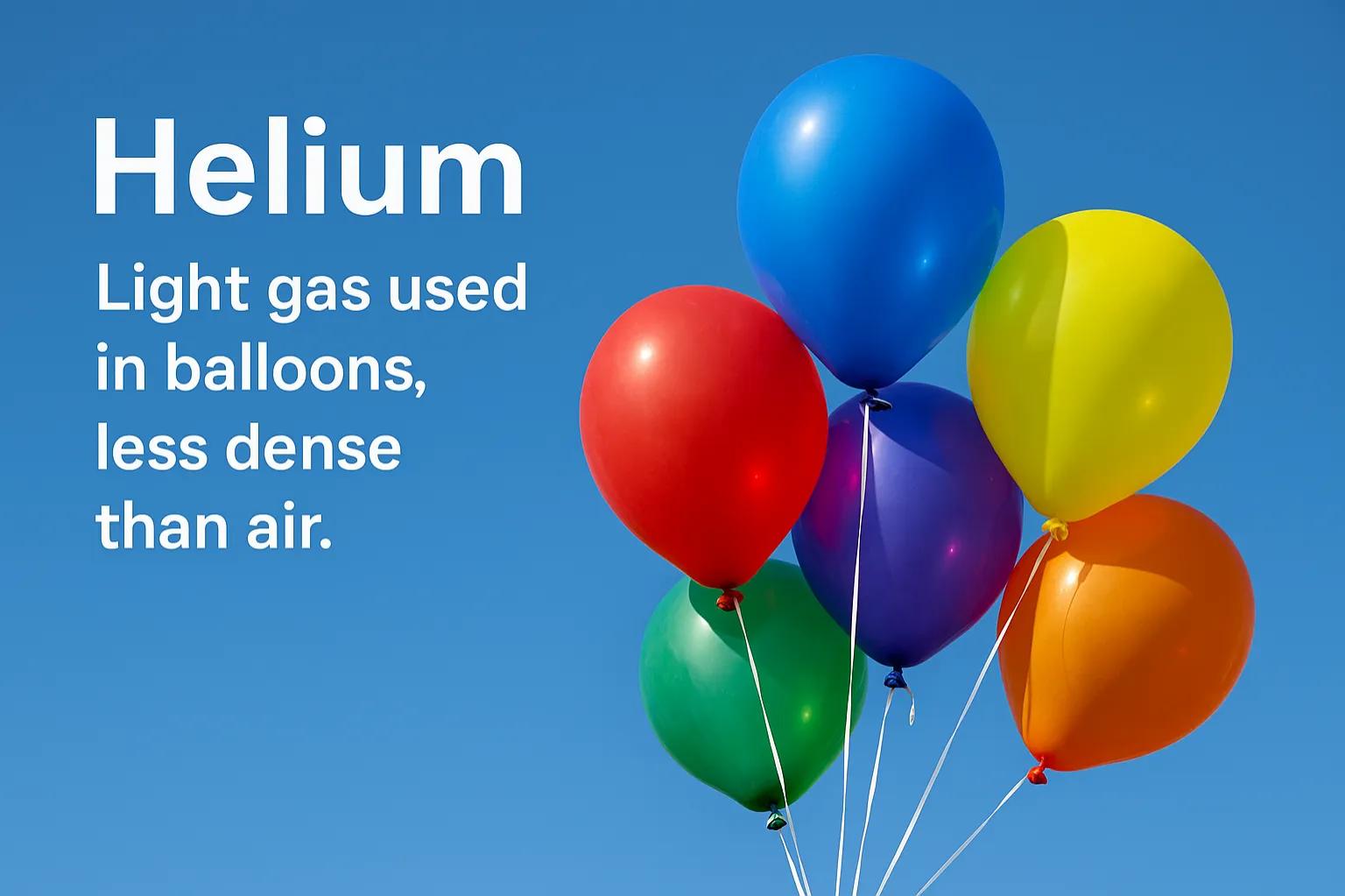 Helium: Light gas used in balloons, less dense than air