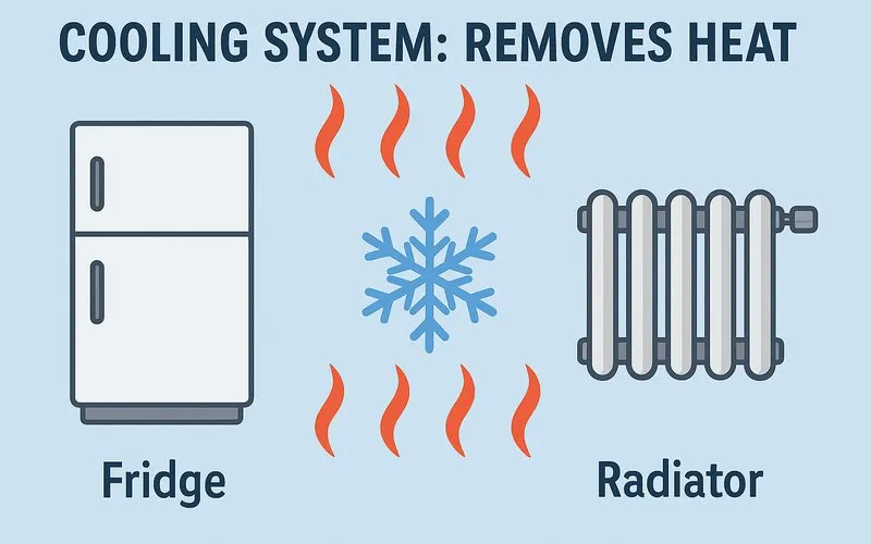 Cooling system: Removes heat, e.g., fridge, radiator