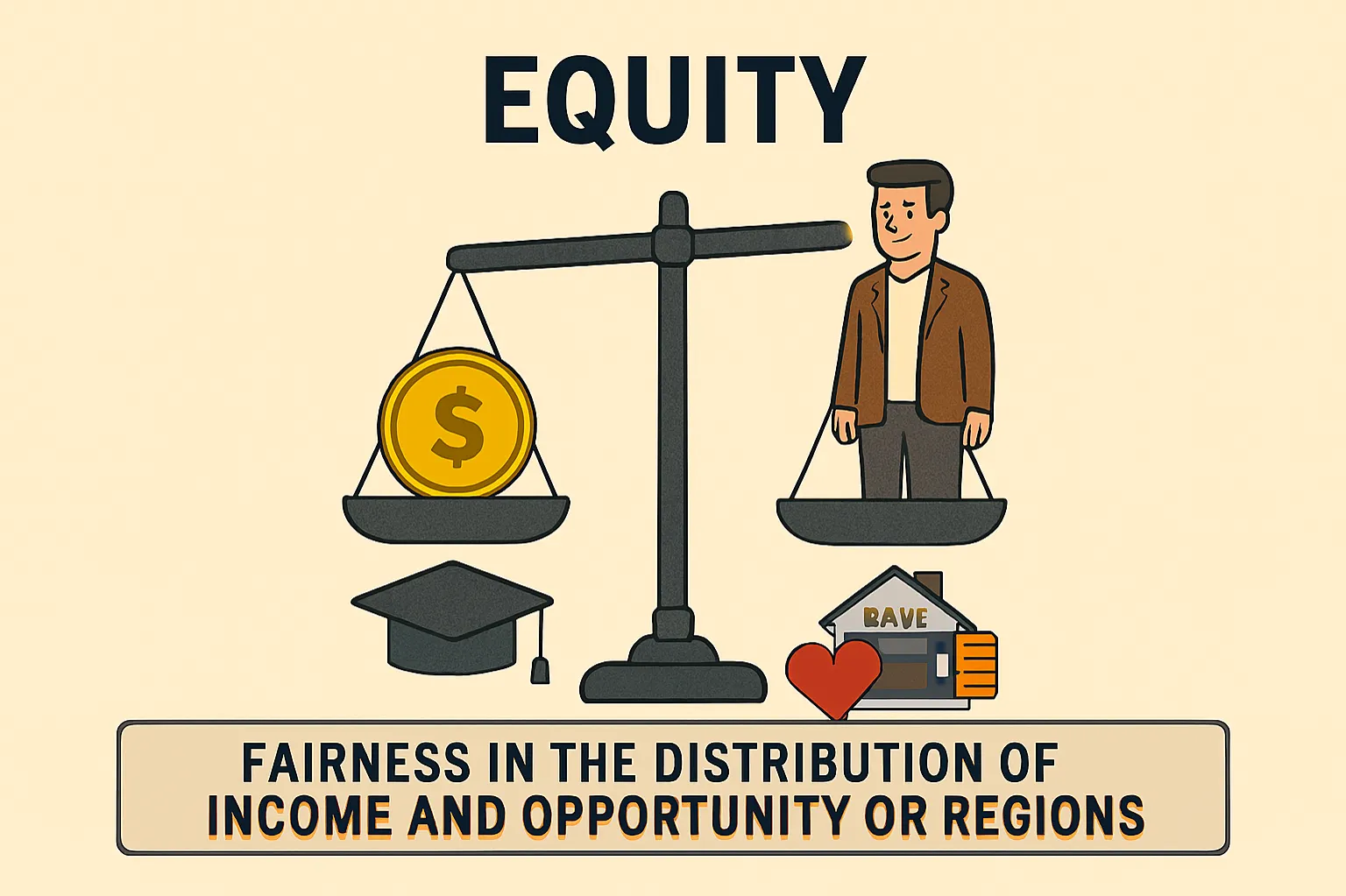 Equity: fairness in the distribution of income and opportunity