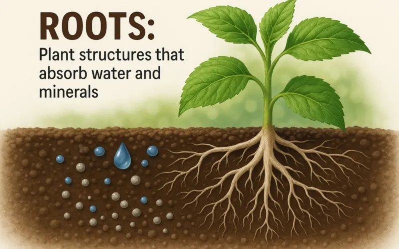 Roots: Plant structures that absorb water and minerals