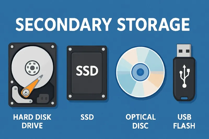 Secondary Storage: Non-volatile storage used for long-term data retention