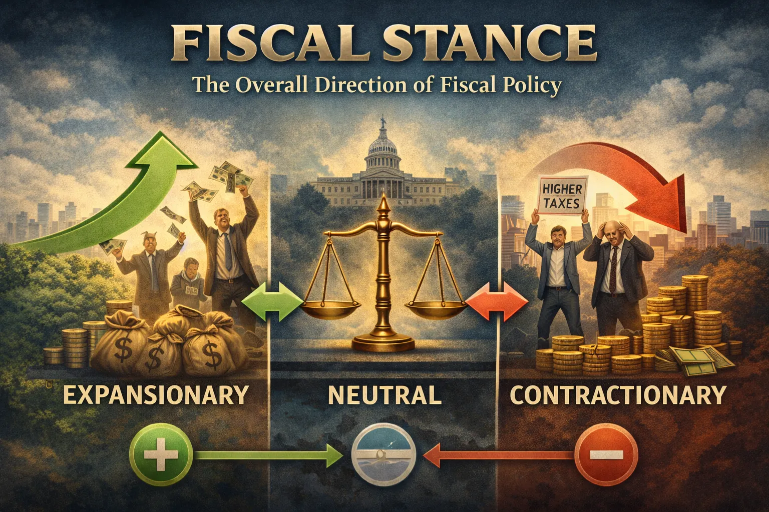 Fiscal stance: The overall direction of fiscal policy, whether expansionary, contractionary or neutral.