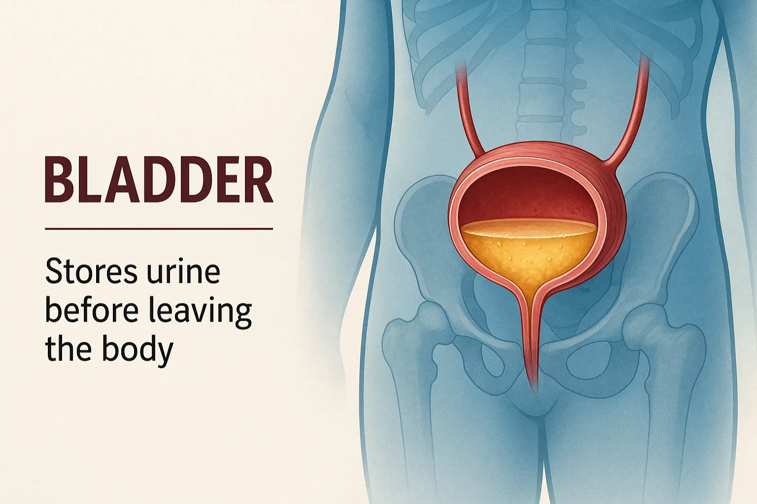 Bladder: Stores urine before leaving the body