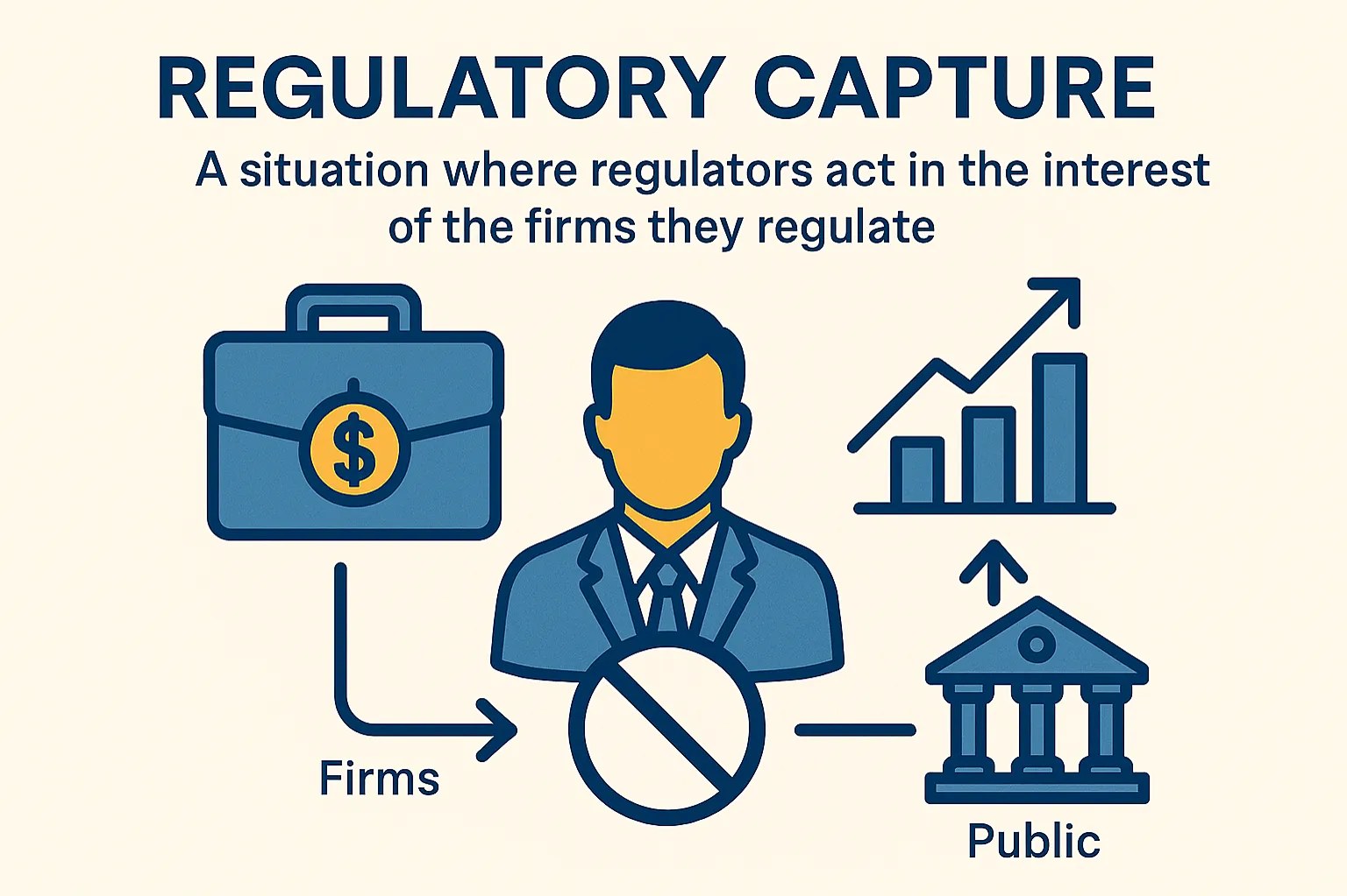Regulatory capture: A situation where regulators act in the interest of the firms they regulate.