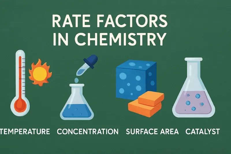 Rate factors: Temperature, concentration, surface area, catalyst