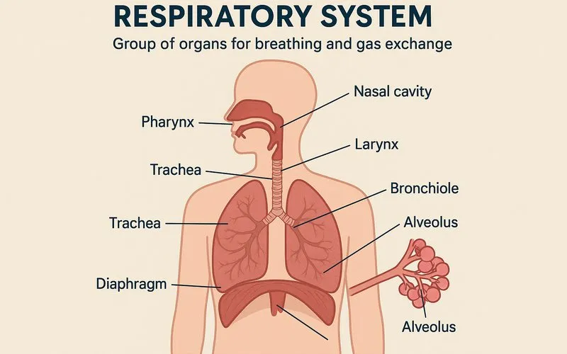 Respiratory system: Group of organs for breathing and gas exchange