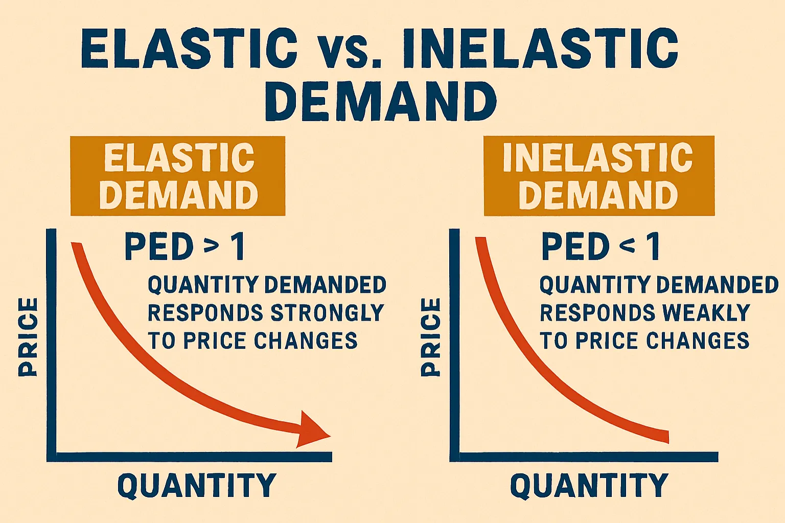Elastic demand: PED > 1, quantity demanded responds strongly to price changes