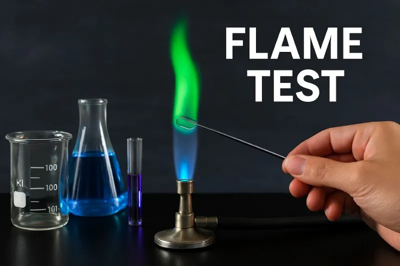 Flame test: Identifies metal ions by flame color