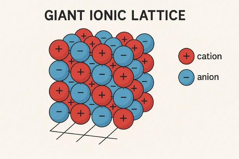 Giant Ionic Lattice: A three-dimensional structure of oppositely charged ions held together by strong electrostatic forces (ionic bonds)