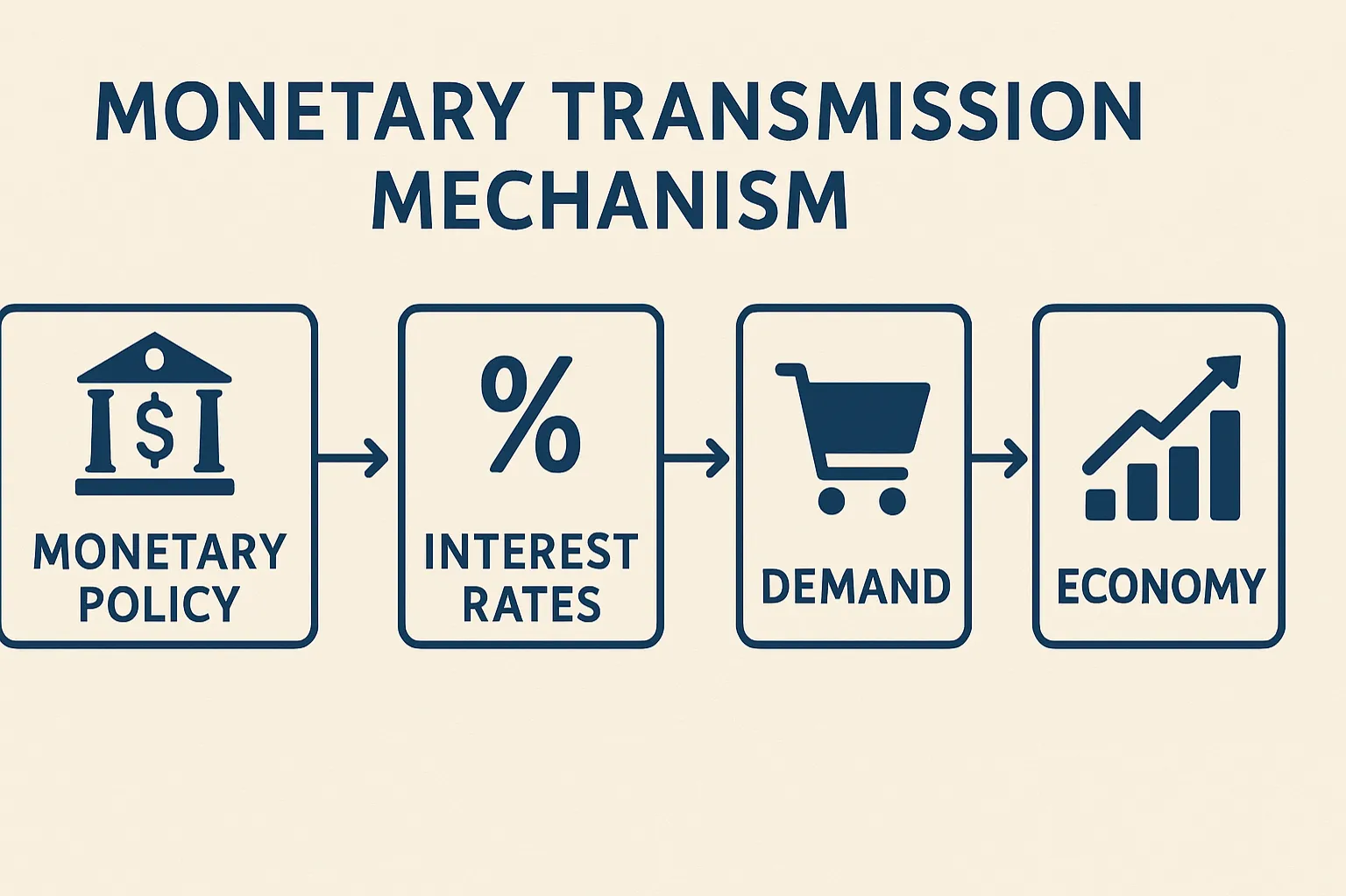 Monetary transmission mechanism: The process through which monetary policy affects the economy.