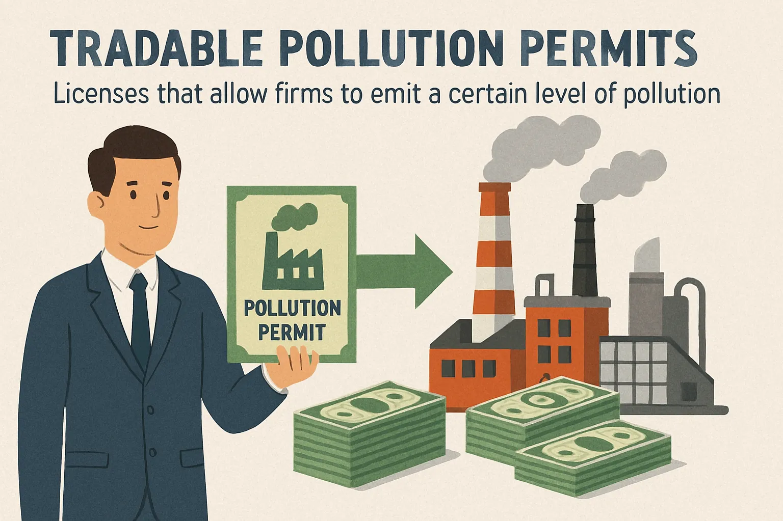Tradable pollution permits: Licences that allow firms to emit a certain level of pollution.