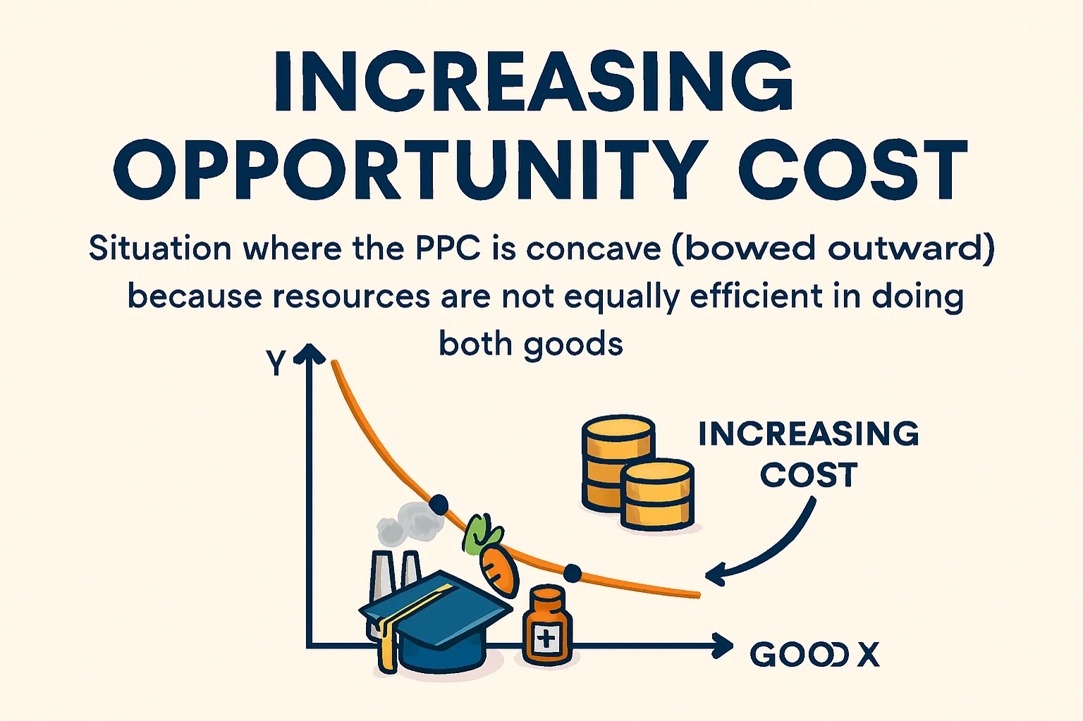 Increasing opportunity cost: situation where the PPC is concave (bowed outward) because resources are not equally efficient in producing both goods