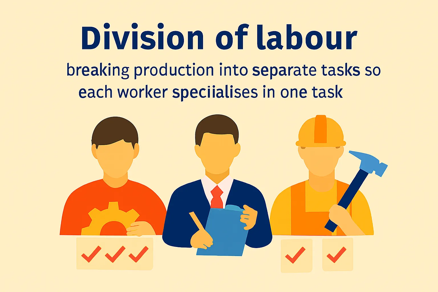 Division of labour: breaking production into separate tasks so each worker specialises in one task