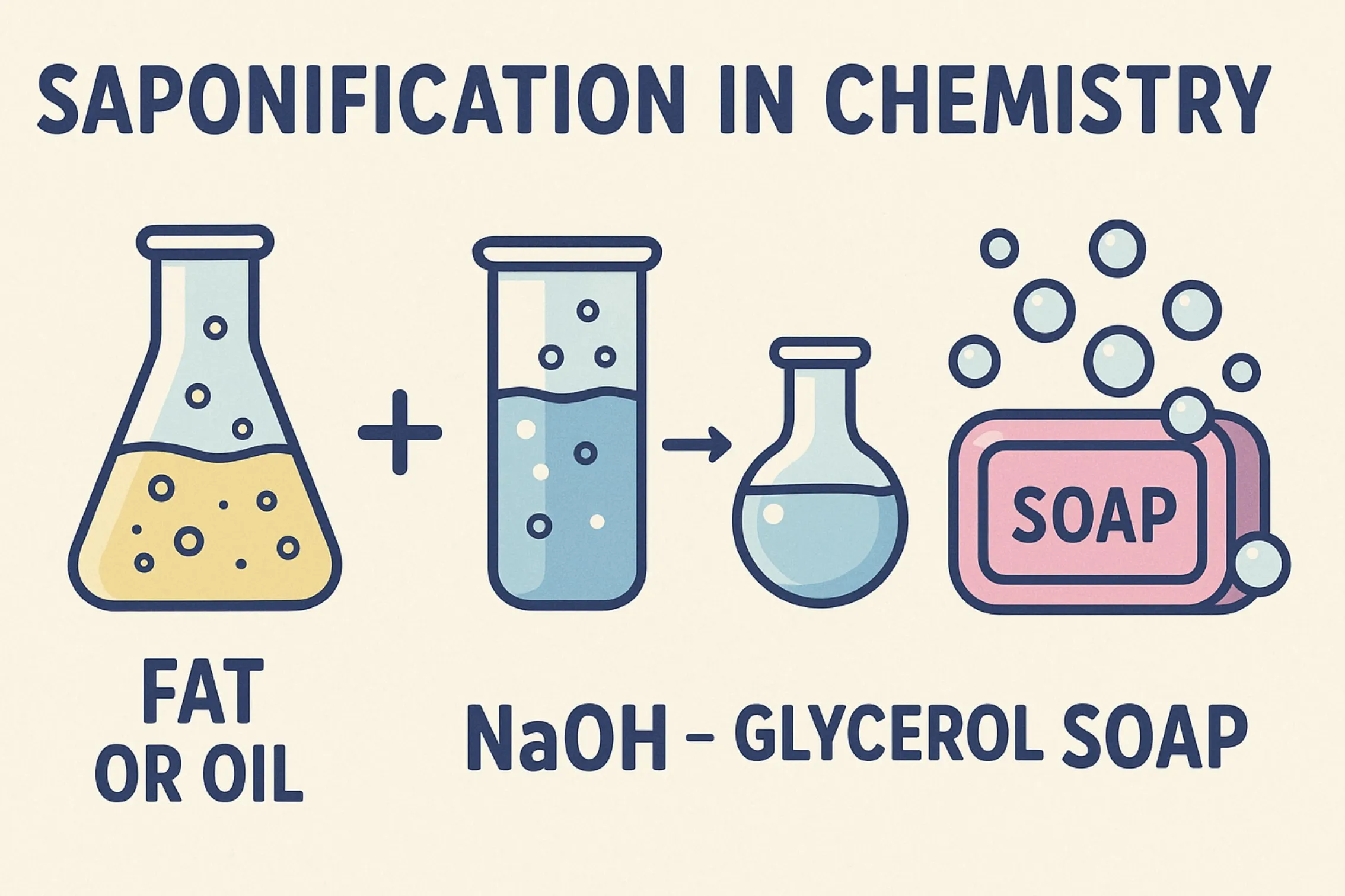 Saponification: The alkaline hydrolysis of esters with base to produce soap and glycerol from fats and oils