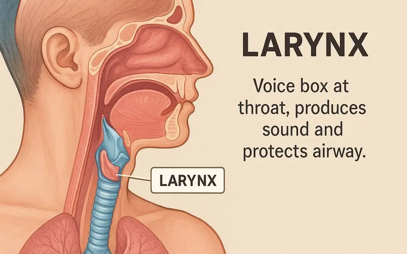Larynx: Voice box at throat, produces sound and protects airway