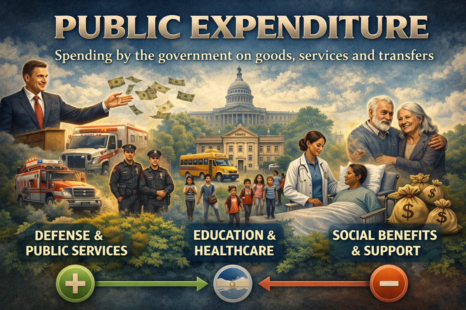 Public expenditure: Spending by the government on goods, services and transfers.