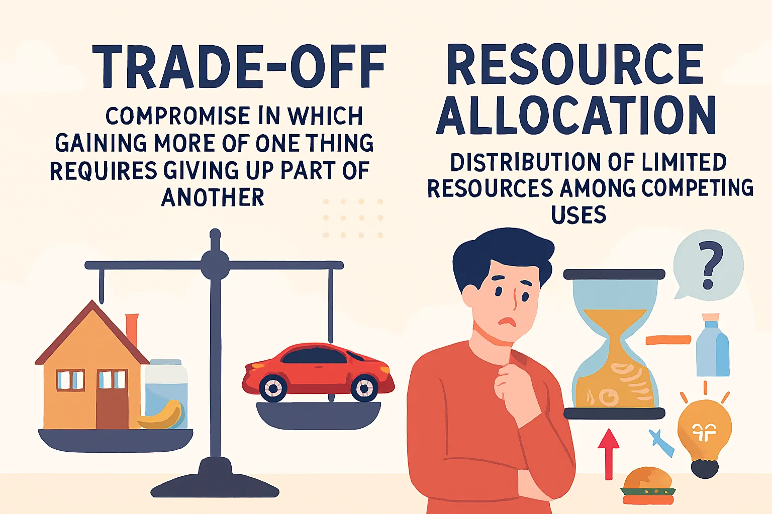 Trade-off: compromise in which gaining more of one thing requires giving up part of another
