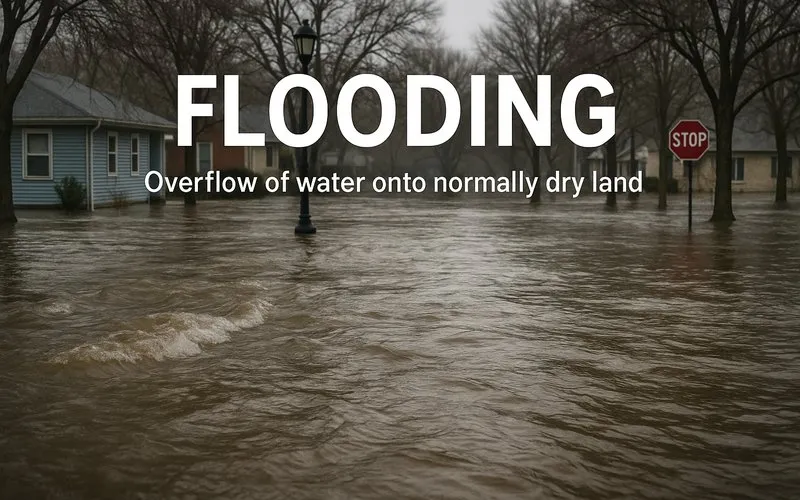 Flooding: Overflow of water onto normally dry land