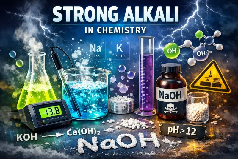 Strong alkali: Fully ionises to release OH⁻