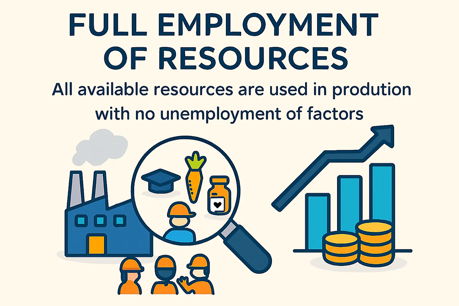 Full employment of resources: all available resources are used in production with no unemployment of factors