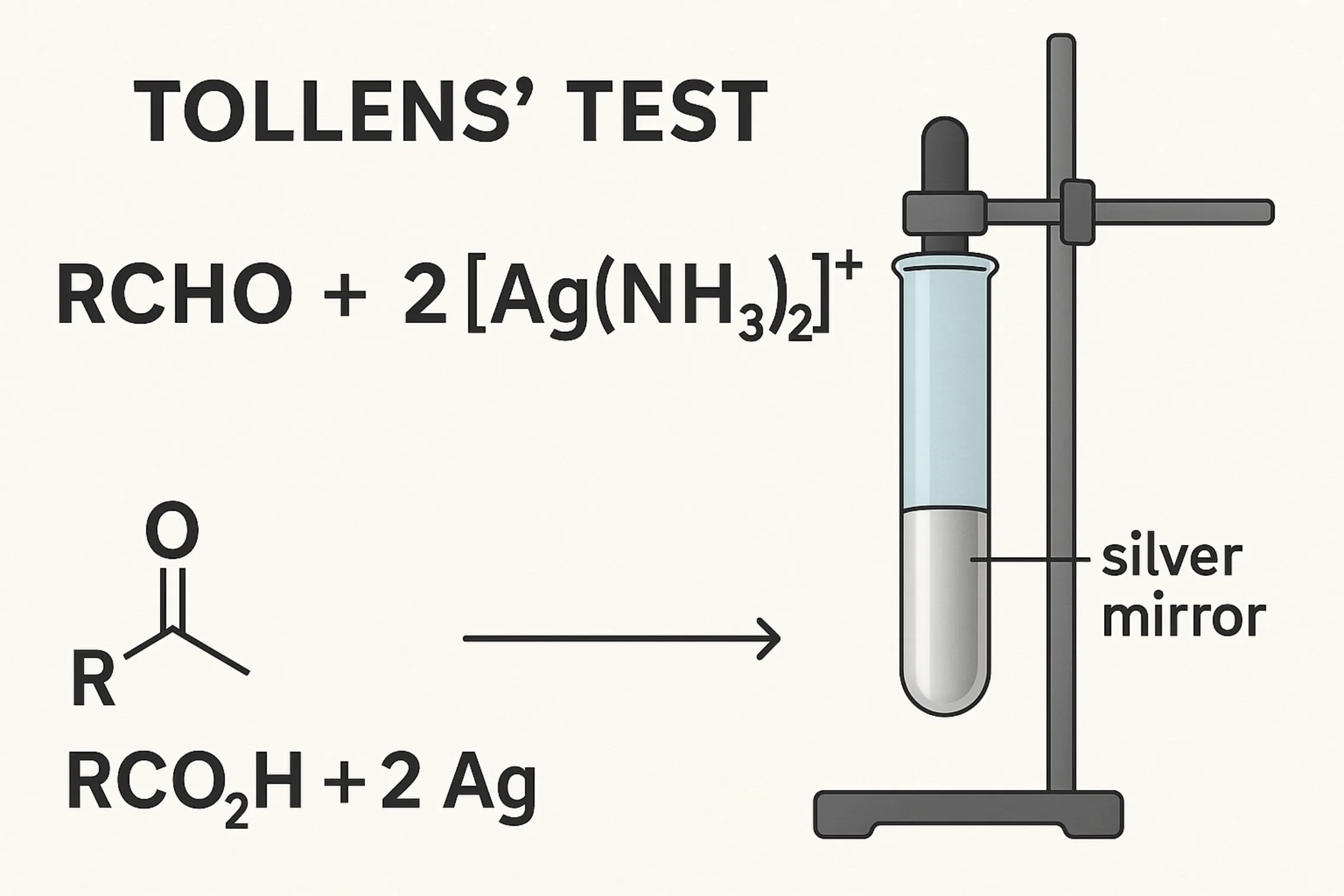 Tollens' test distinguishes aldehydes from ketones via silver mirror deposition on a test tube
