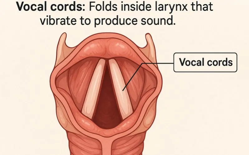Vocal cords: Folds inside larynx that vibrate to produce sound
