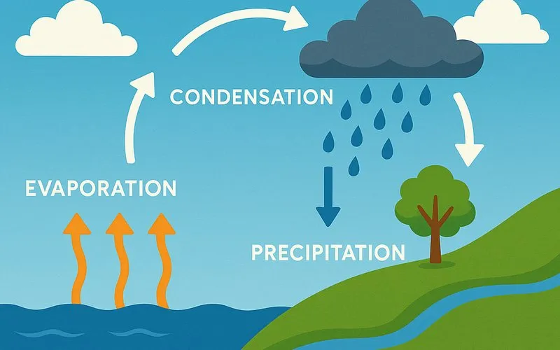 Water cycle: Continuous movement of water through evaporation, condensation, and precipitation