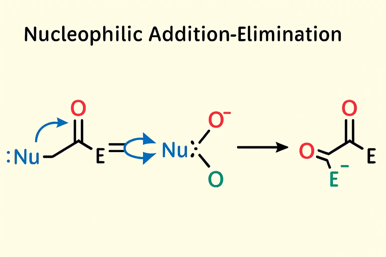 Nucleophilic Addition-Elimination: A nucleophile attacks an electrophile