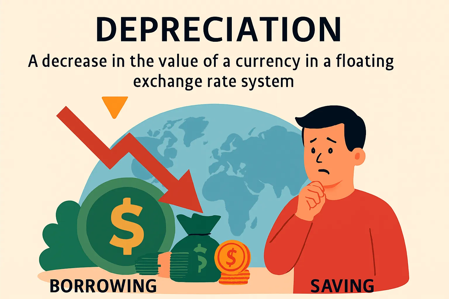 Depreciation: A decrease in the value of a currency in a floating exchange rate system.