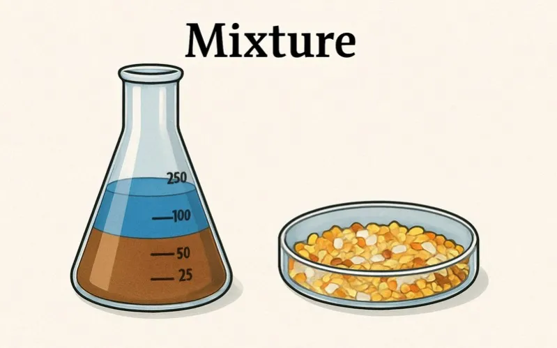 Mixture: Combination of two or more substances not chemically bonded