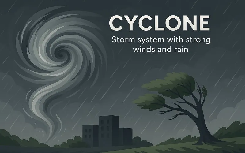 Cyclone: Storm system with strong winds and rain