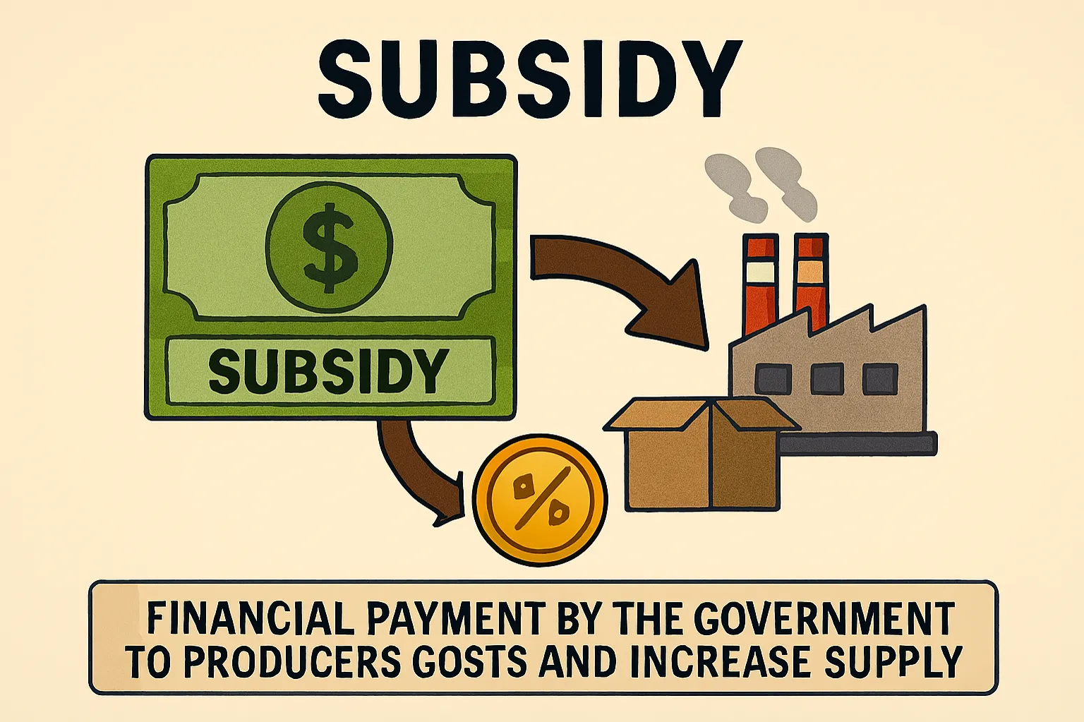 Subsidy: financial payment by the government to producers to reduce costs and increase supply
