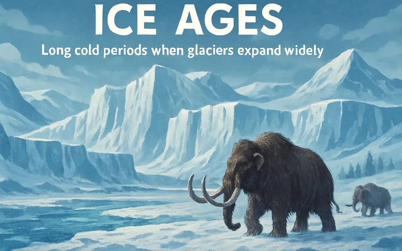 Ice ages: Long cold periods when glaciers expand widely