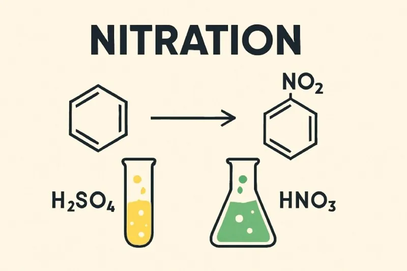 Nitration adds a nitro group (-NO₂) to a molecule