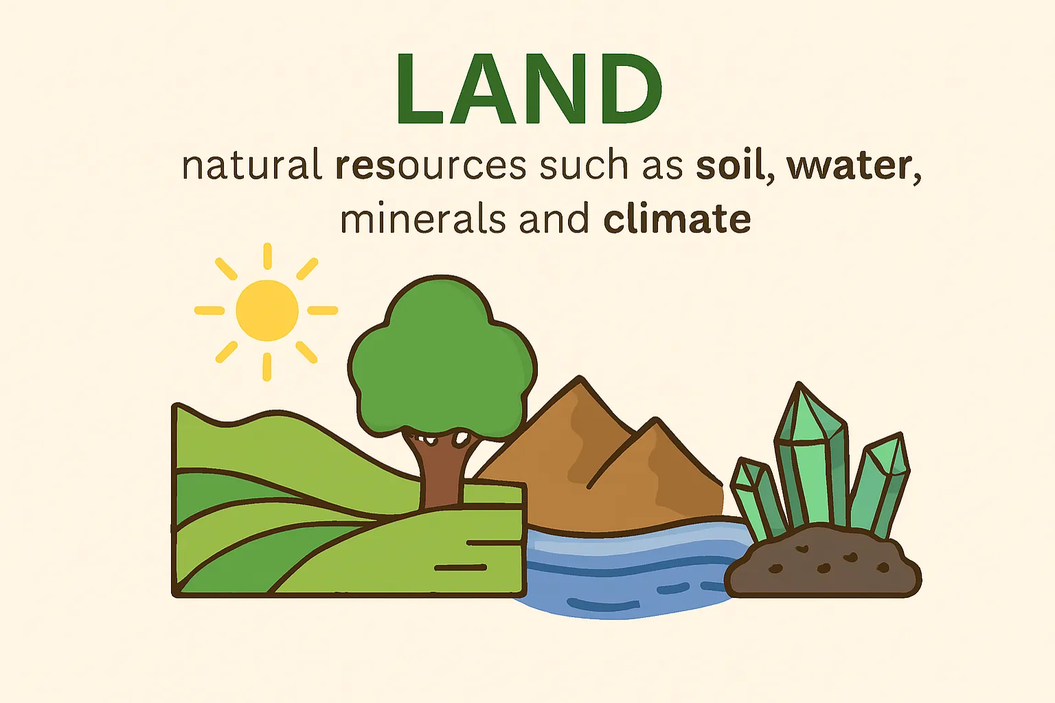 Land: natural resources such as soil, water, minerals and climate