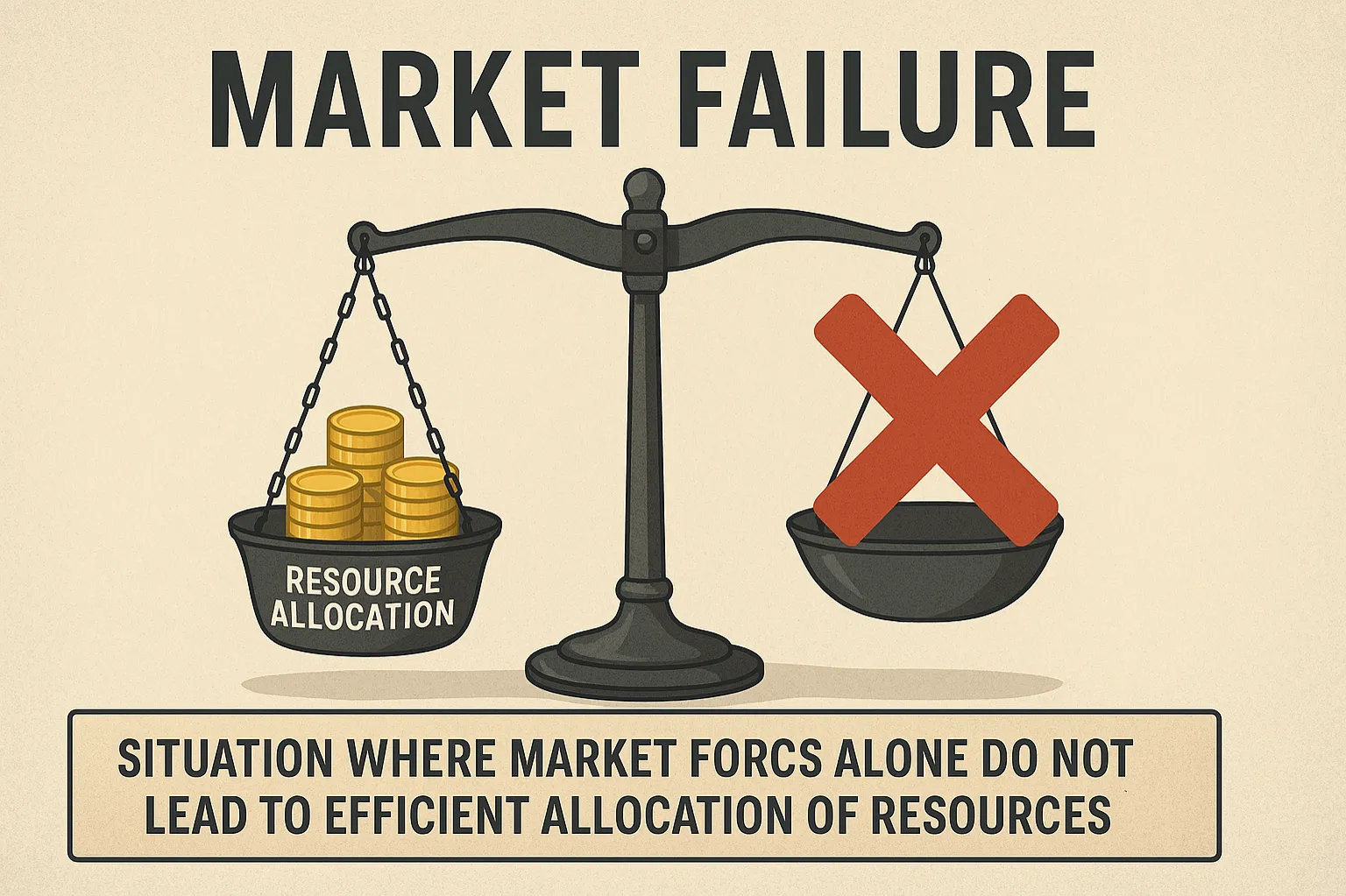 Market failure: situation where market forces alone do not lead to efficient allocation of resources