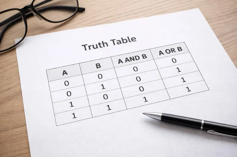 Truth tables define logic gate outputs for all input combinations
