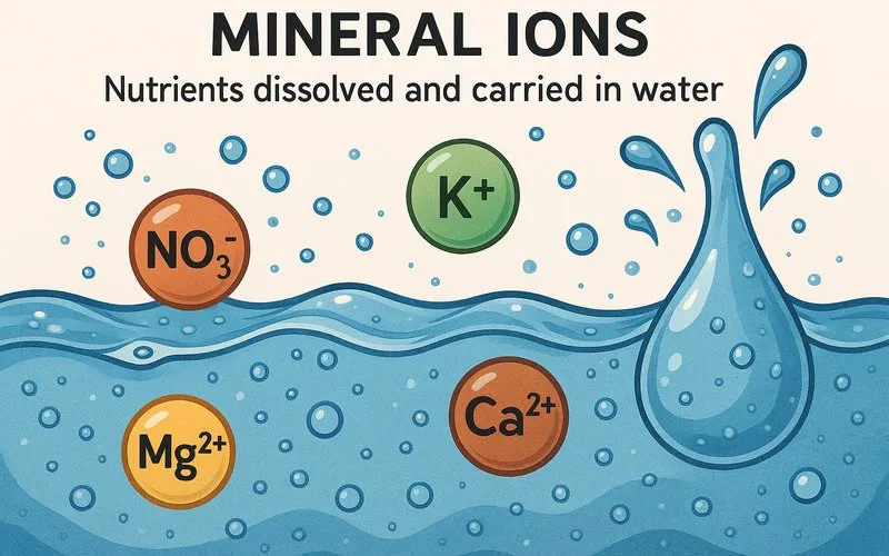 Mineral ions: Nutrients dissolved and carried in water