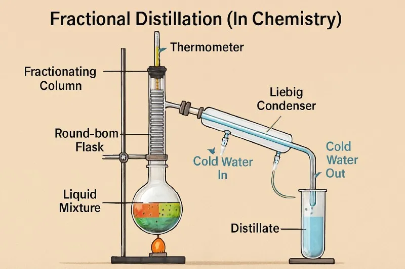 Fractional distillation separates liquid mixtures using boiling point differences