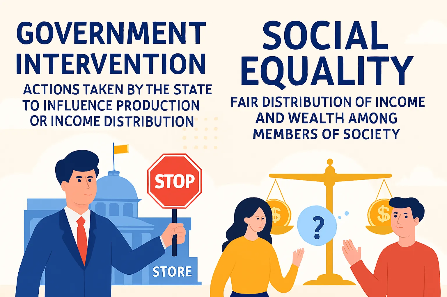 Government intervention: actions taken by the state to influence production or income distribution