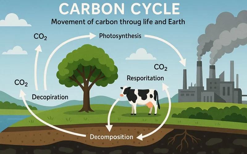 Carbon cycle: Movement of carbon through life and Earth