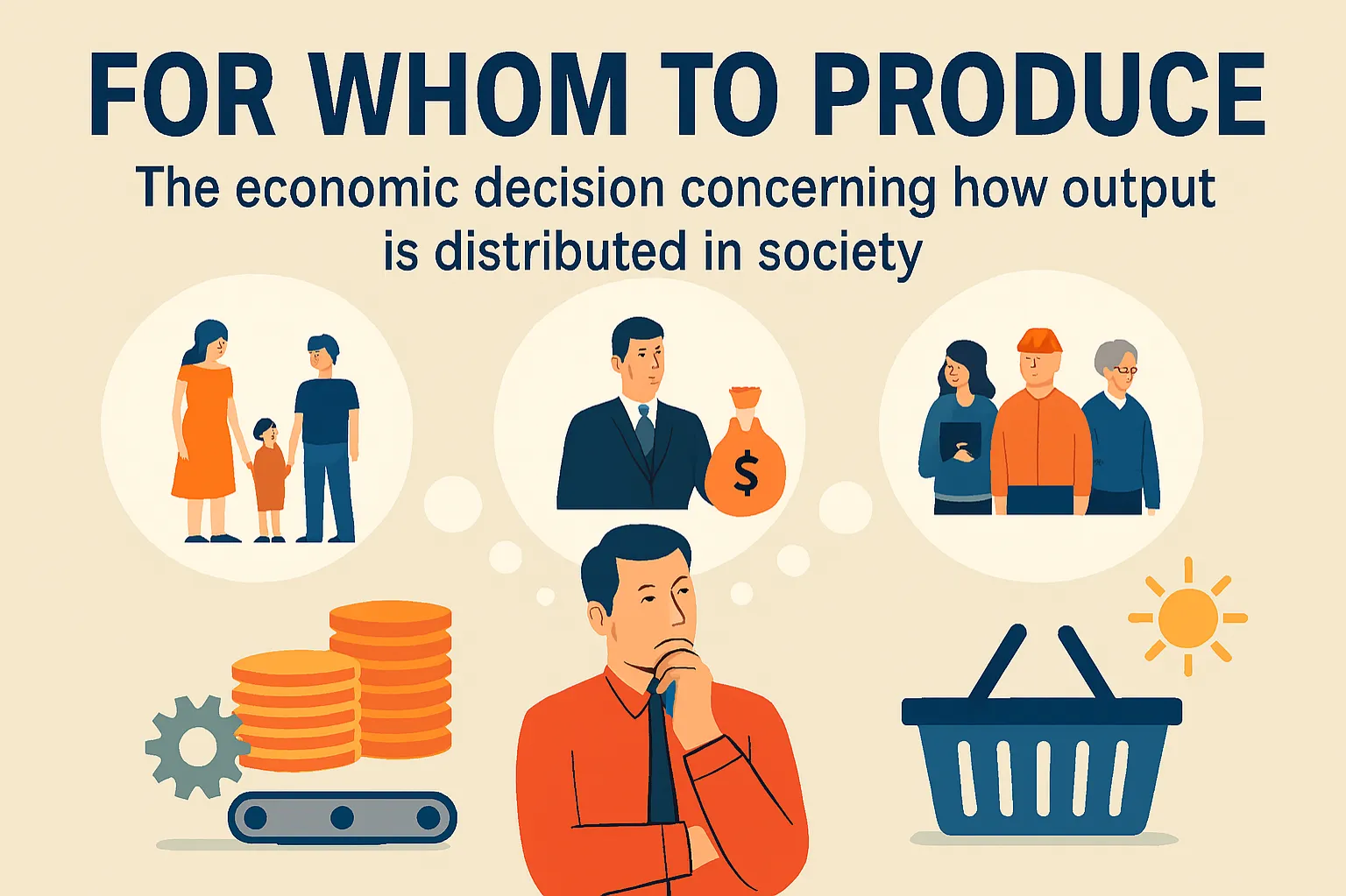 For whom to produce: The economic decision concerning how output is distributed in society.