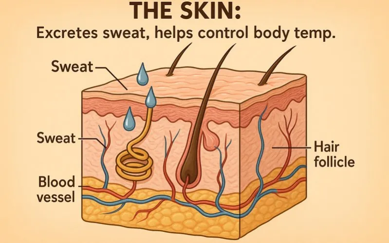 Skin: Excretes sweat, helps control body temp