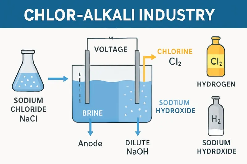 Chlor-alkali industry: Produces Cl₂, NaOH, H₂ from brine electrolysis