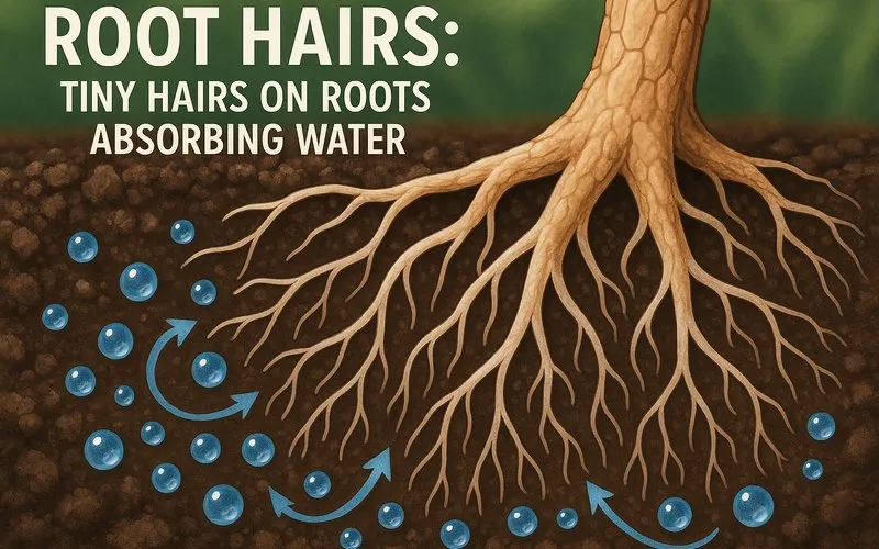 Root hairs: Tiny hairs on roots absorbing water