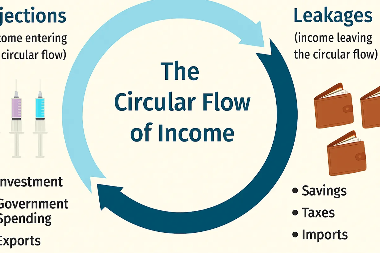 Injections: income entering the circular flow (investment, government spending, exports)