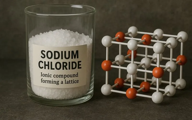 Sodium chloride: Ionic compound forming a lattice