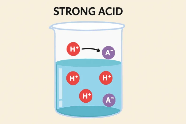 Strong Acid: An acid that completely dissociates into its ions in aqueous solution